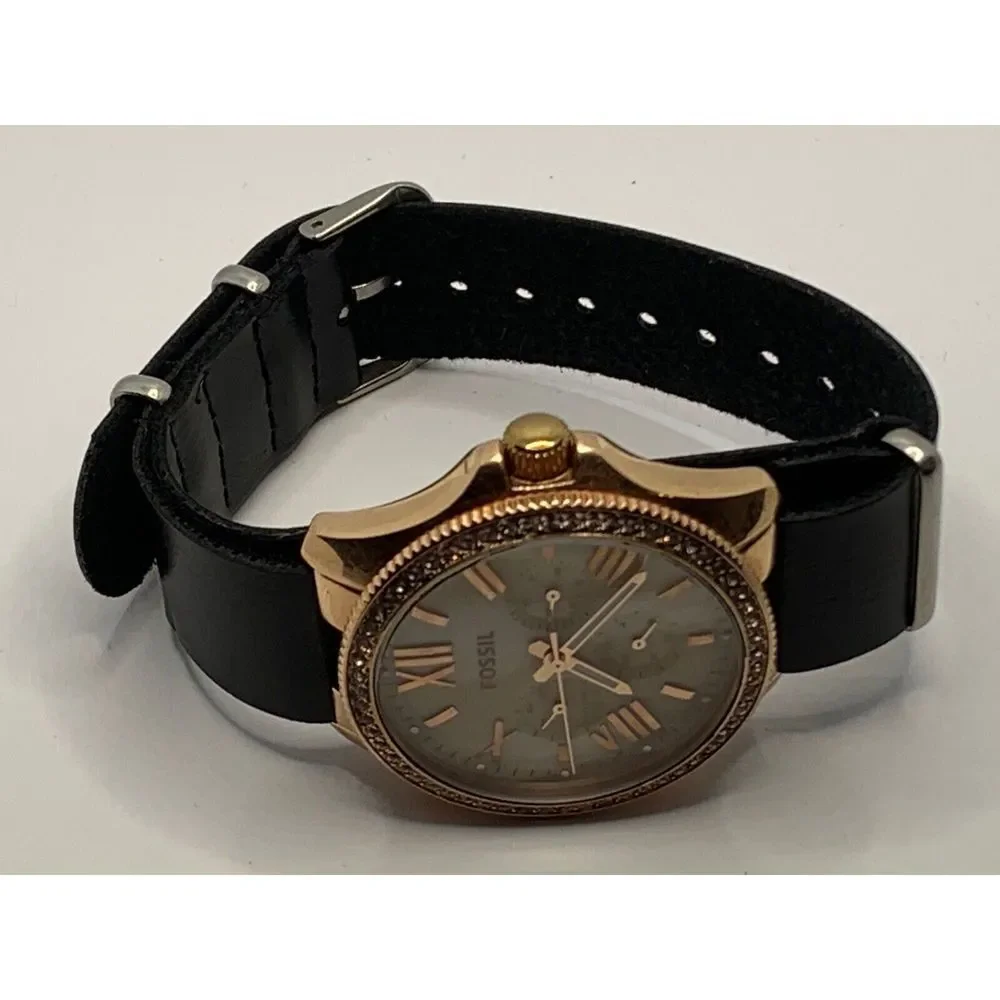 Fossil AM4616 Women's Black Leather Analog Beige Horne Dial Quartz Watch JD261